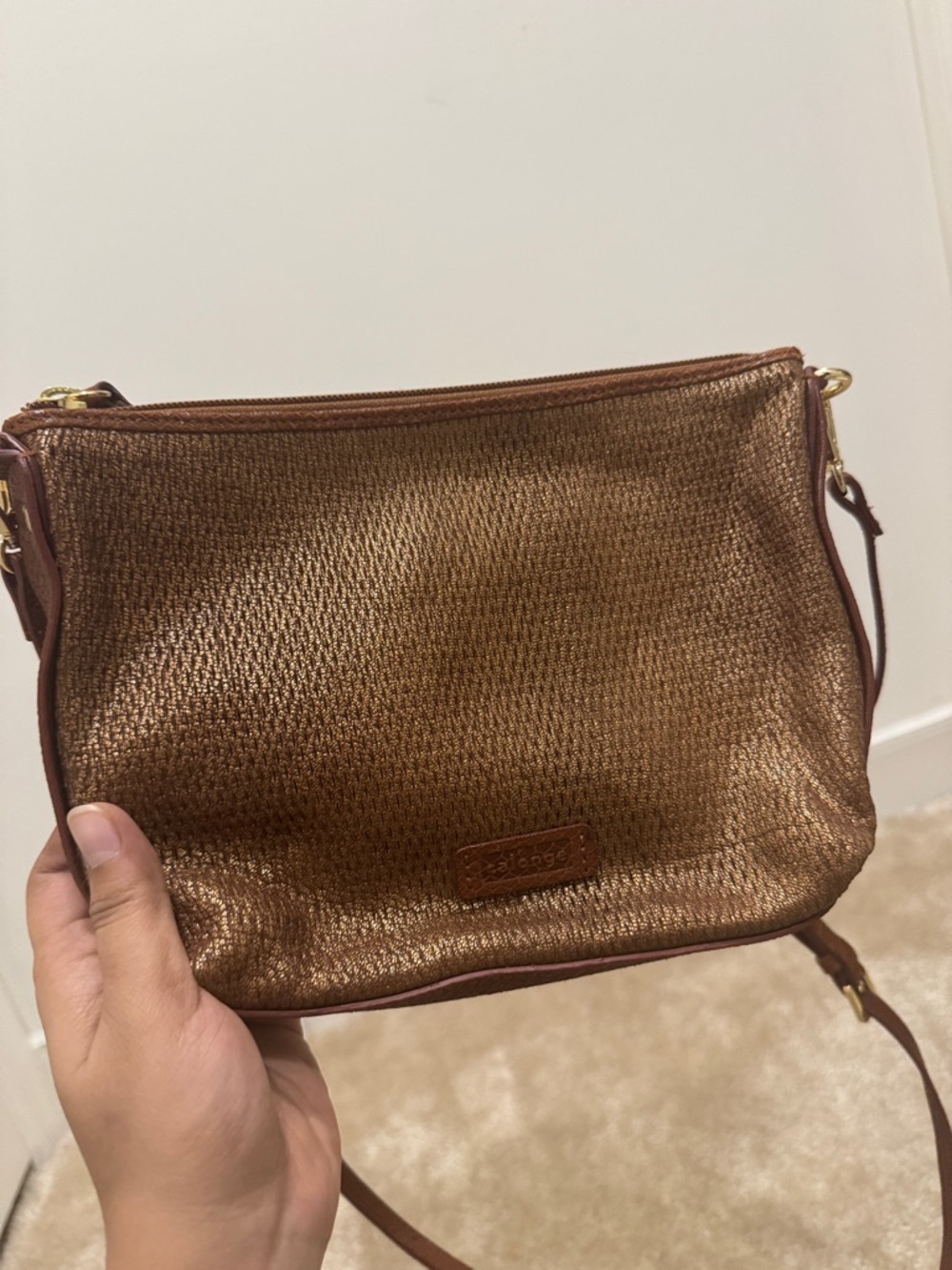 Textured Metallic Brown Crossbody Bag with Adjustable Strap